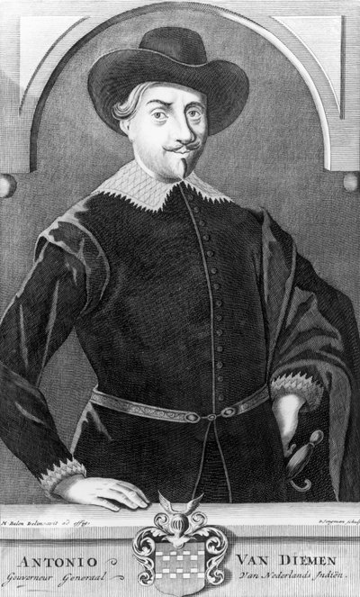 Porträt von Antony van Diemen (1593-1645), graviert von Dirk Jongman (geb. 1684) von Matthys Balen